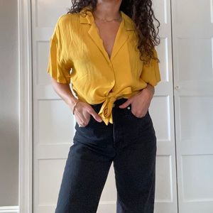 Lulu’s Always Real Mustard Yellow Short Sleeve Tie Front